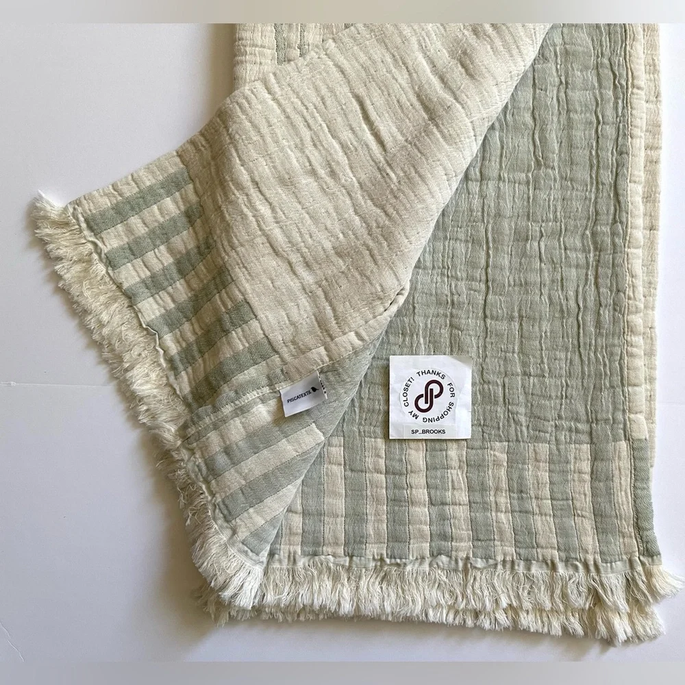 🎁Piscatextil Throw Blanket 100% Cotton Mint Green & Oatmeal in Large Blooms